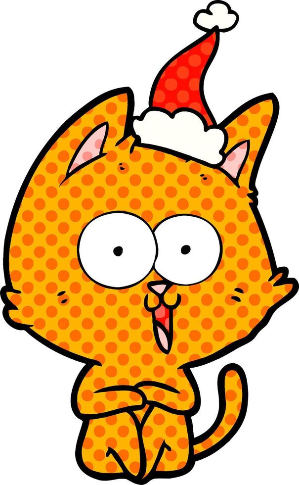 divertente illustrazione in stile fumetto di un gatto che indossa il cappello di Babbo Natale vettore
