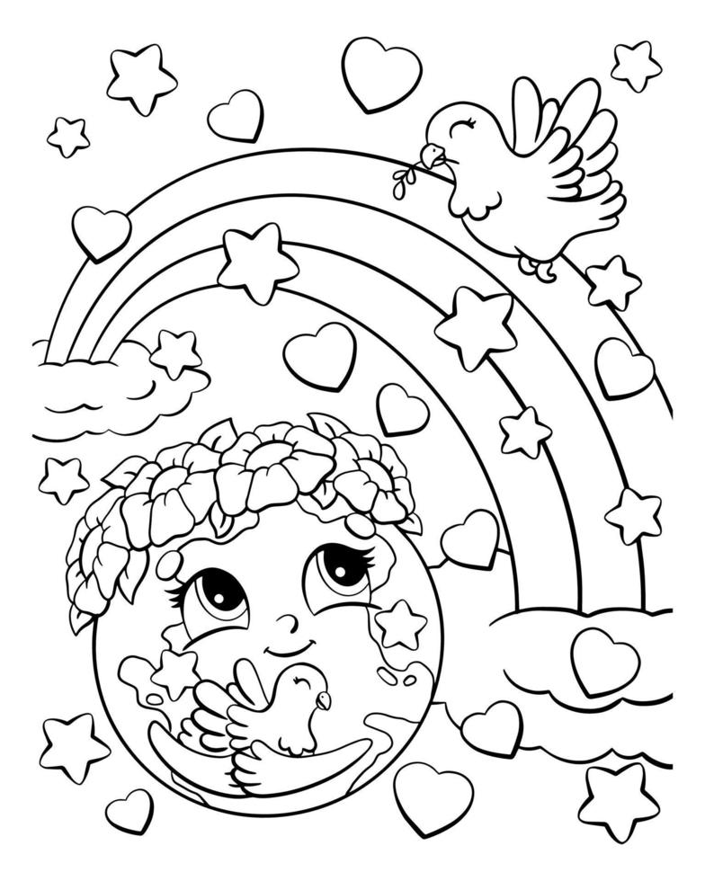 terra e colomba. pagina del libro da colorare per bambini. personaggio in stile cartone animato. illustrazione vettoriale isolato su sfondo bianco.