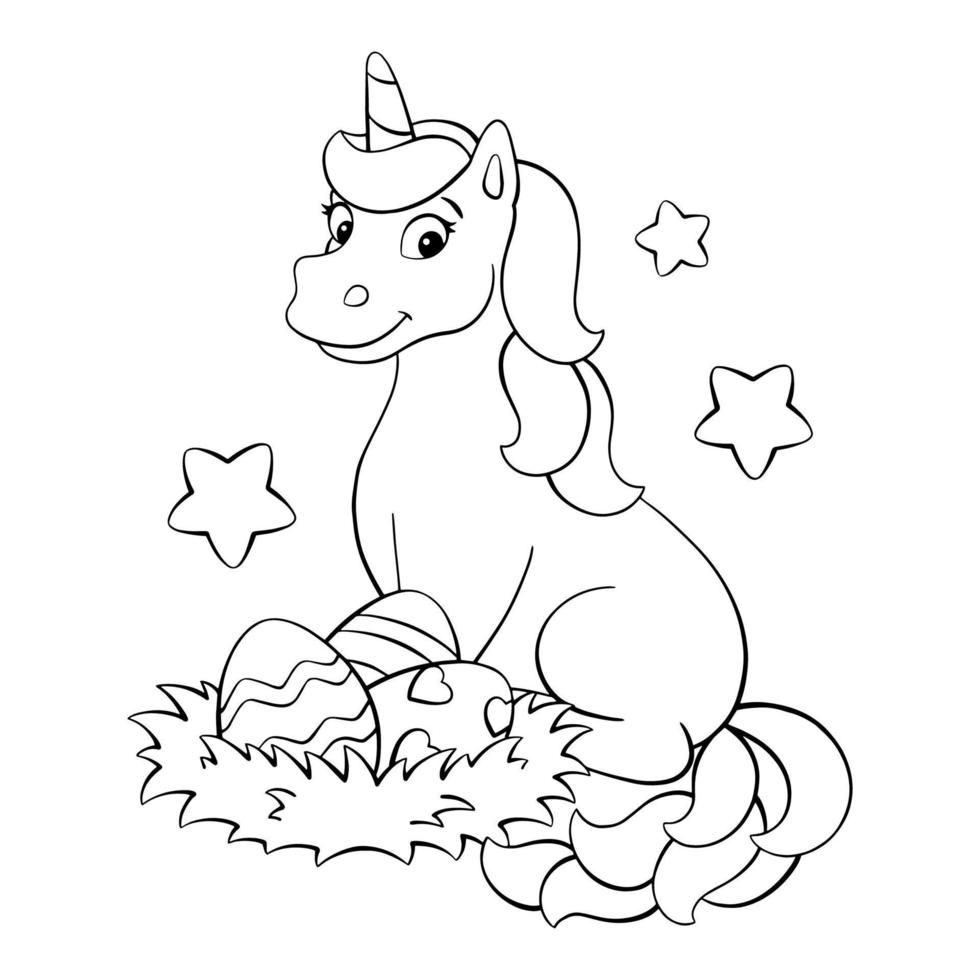 simpatico unicorno con uova di pasqua. pagina del libro da colorare per bambini. personaggio in stile cartone animato. illustrazione vettoriale isolato su sfondo bianco.