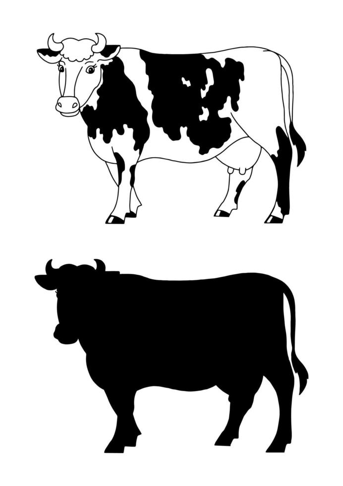 mucca animale da fattoria. sagoma nera. elemento di design. illustrazione vettoriale isolato su sfondo bianco. modello per libri, adesivi, poster, cartoline, vestiti.