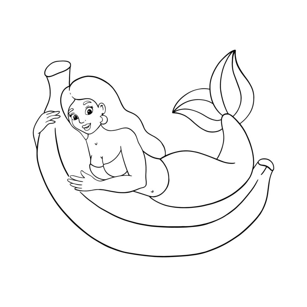 una bella sirena giace su una banana. pagina da colorare per bambini. timbro digitale. personaggio in stile cartone animato. illustrazione vettoriale isolato su sfondo bianco.