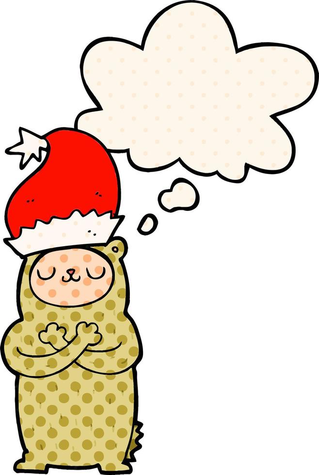 cartone animato orso che indossa cappello di Natale e bolla di pensiero in stile fumetto vettore