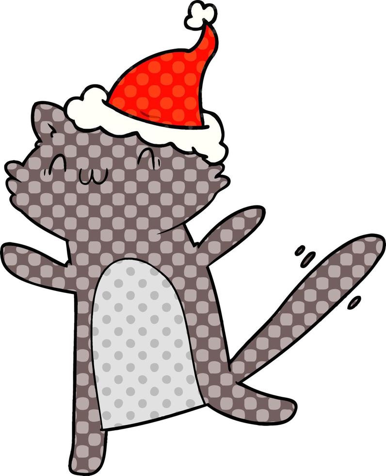 illustrazione in stile fumetto di un gatto che balla con il cappello di Babbo Natale vettore