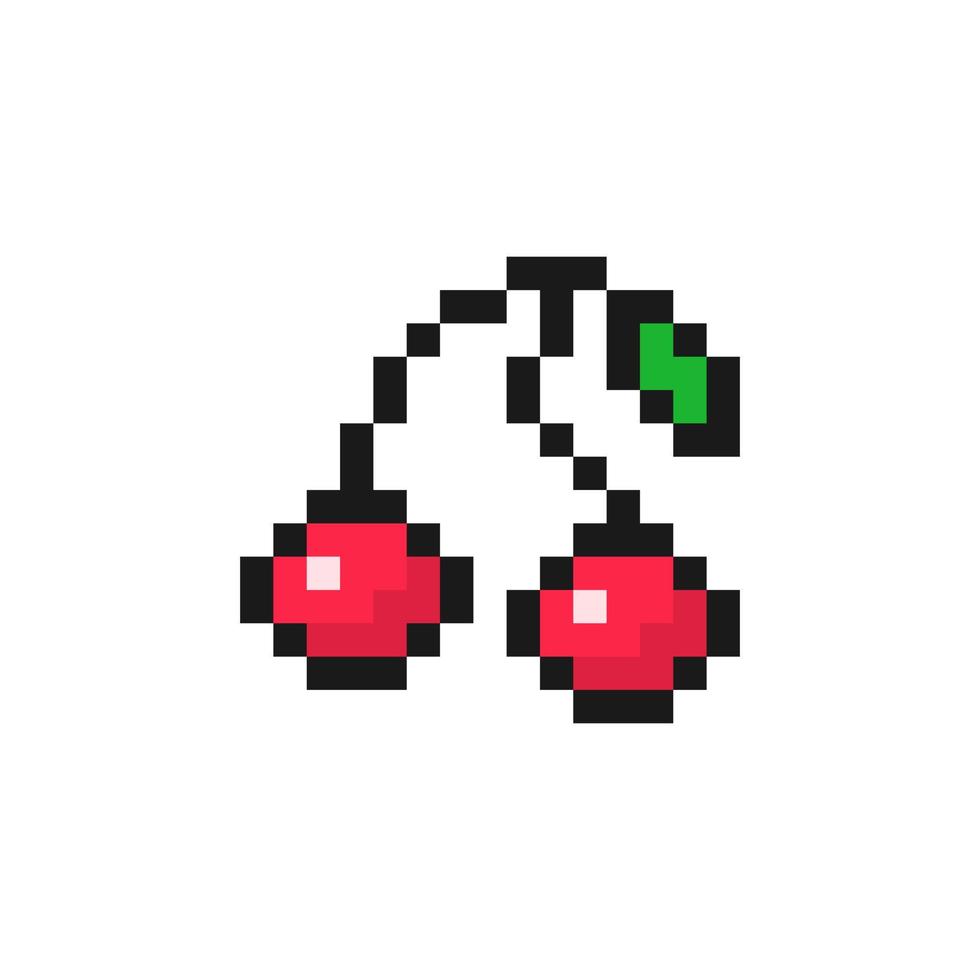 pixel di ciliegie rosse sul ramo nero. due bacche dolcemente aspre con foglia verde. frutta matura per dessert e design di giochi vettoriali a 8 bit