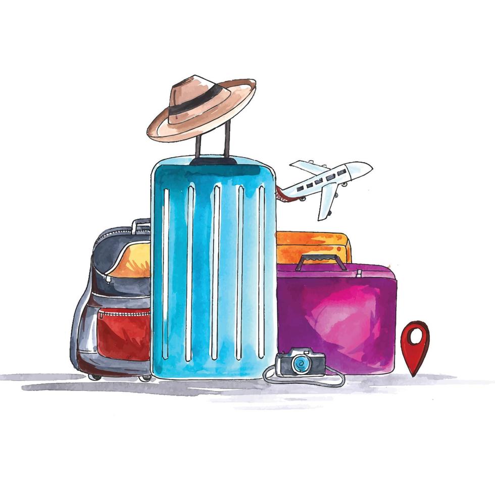 bagaglio ad acquerello con design da viaggio con fotocamera e cappello vettore