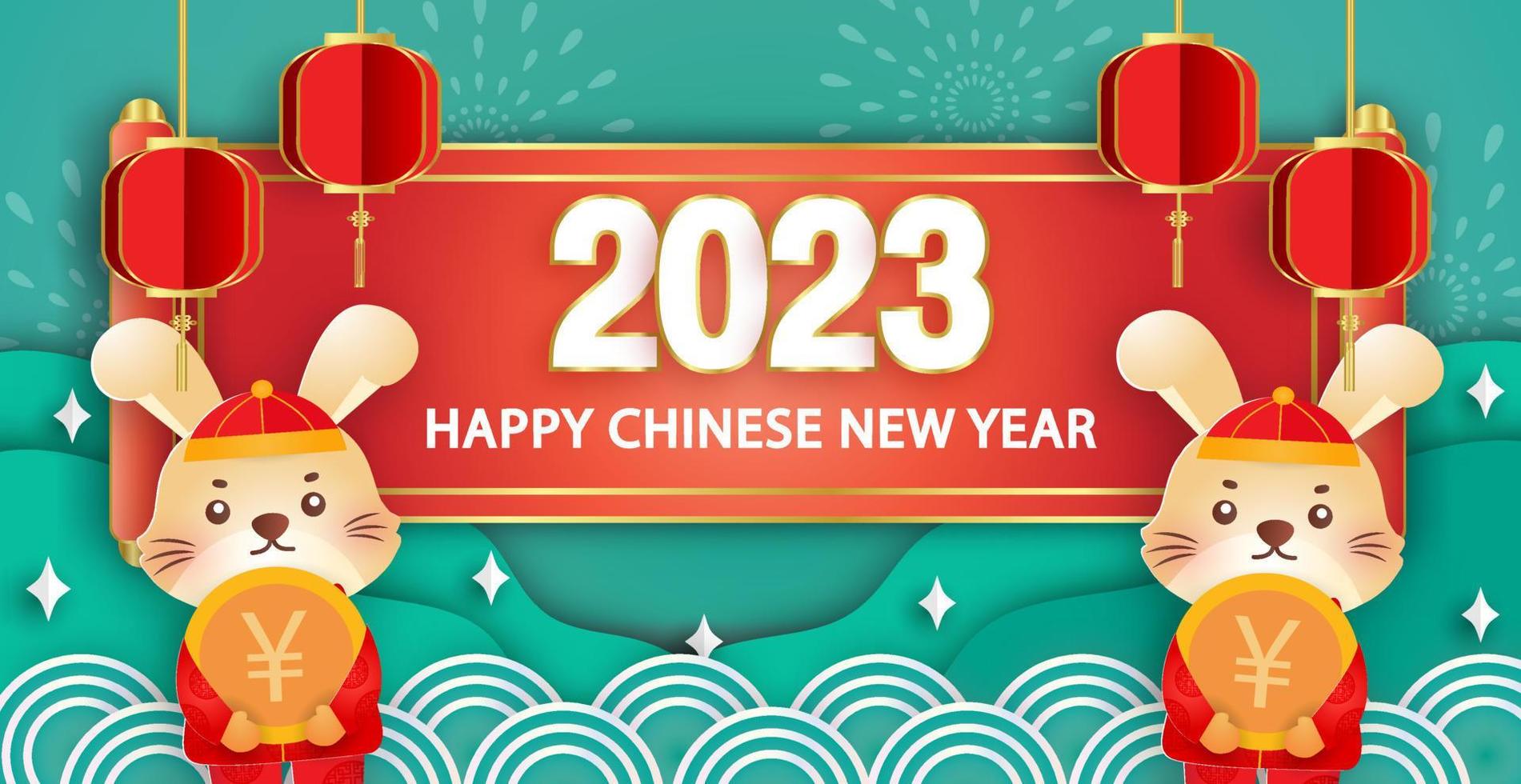 capodanno cinese 2023 anno del banner del coniglio in stile taglio carta. vettore