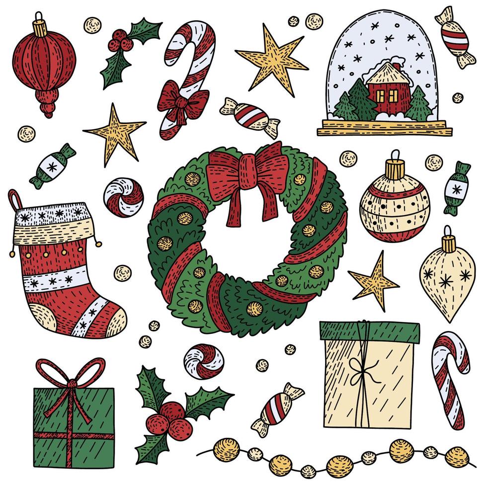scarabocchi elementi natalizi. elementi vettoriali a colori. illustrazione con decorazioni di capodanno. design per stampe e carte