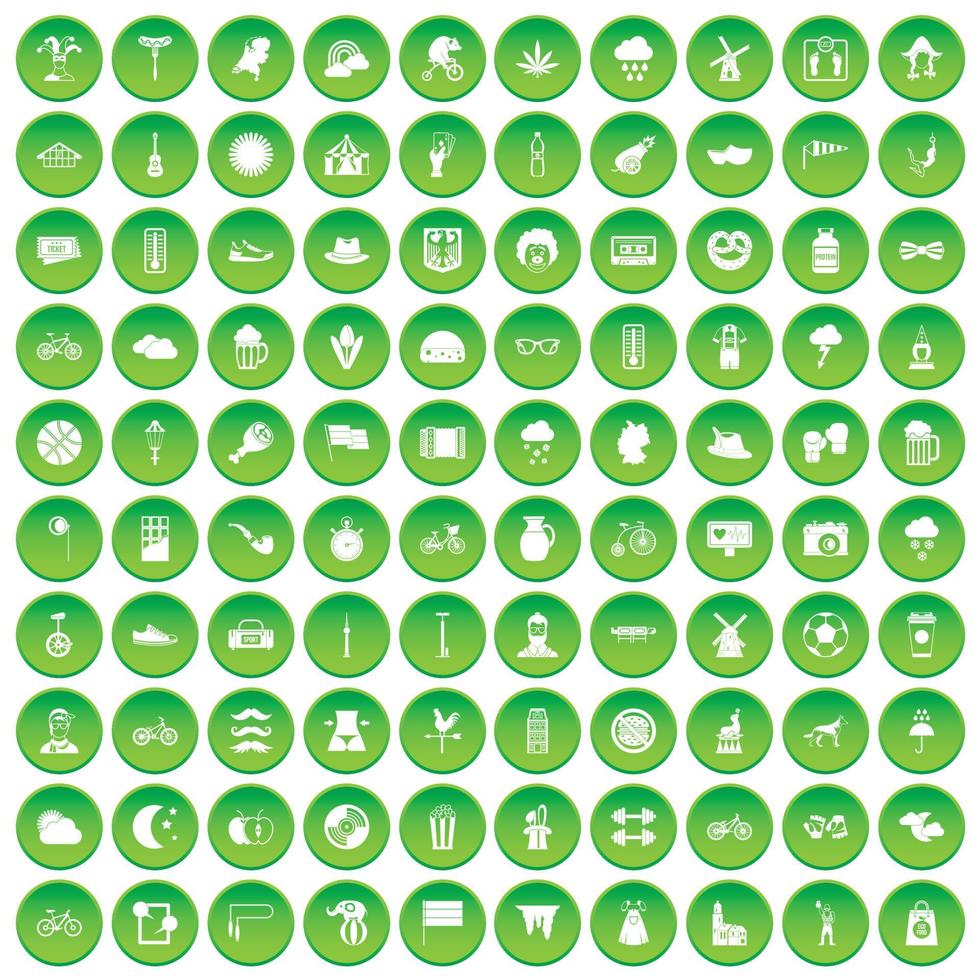 100 icone di biciclette impostano un cerchio verde vettore