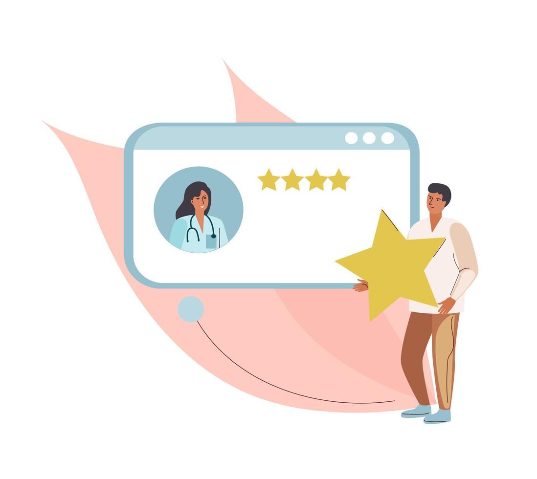 il paziente lascia una recensione del lavoro del medico. valutazione delle recensioni dei clienti. clienti che valutano il concetto di classificazione dei medici, illustrazione vettoriale dei cartoni animati.