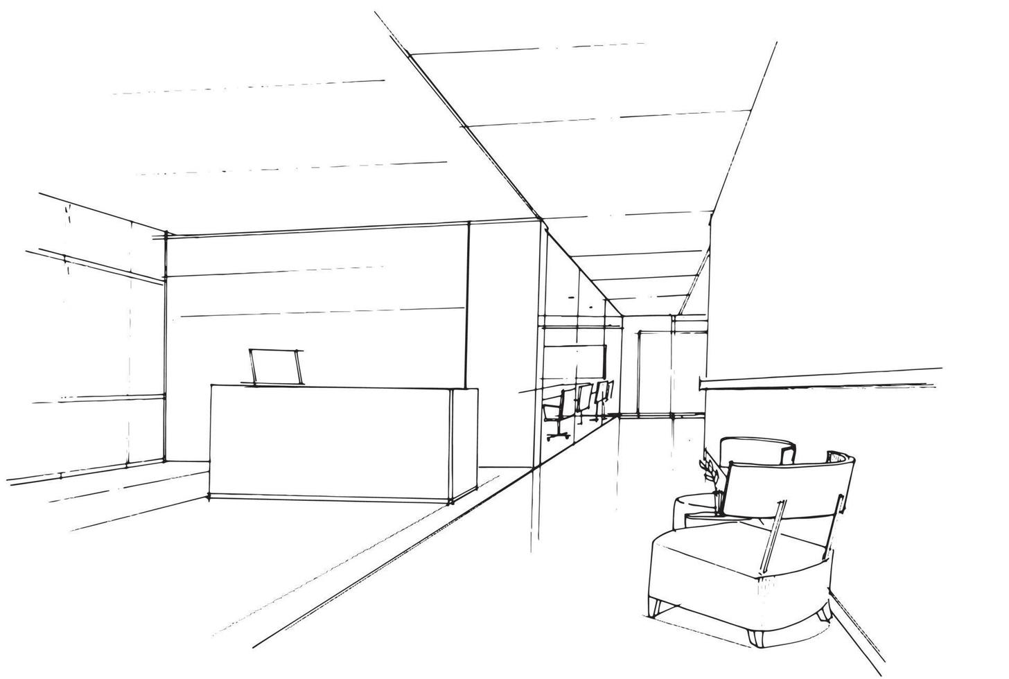 disegno dello schizzo dell'area di attesa dell'ufficio dell'azienda, design moderno, vettore, illustrazione 2d vettore