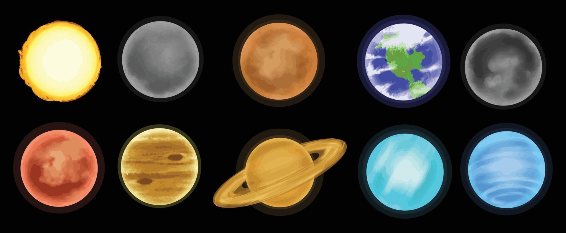 il sistema solare, la scienza dell'astronomia, le stelle e lo spazio, l'illustrazione 2d vettore