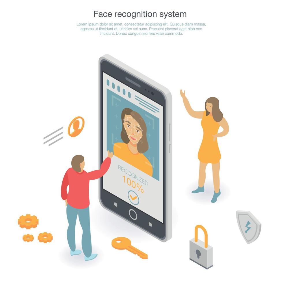 sfondo del concetto di riconoscimento facciale, stile isometrico vettore