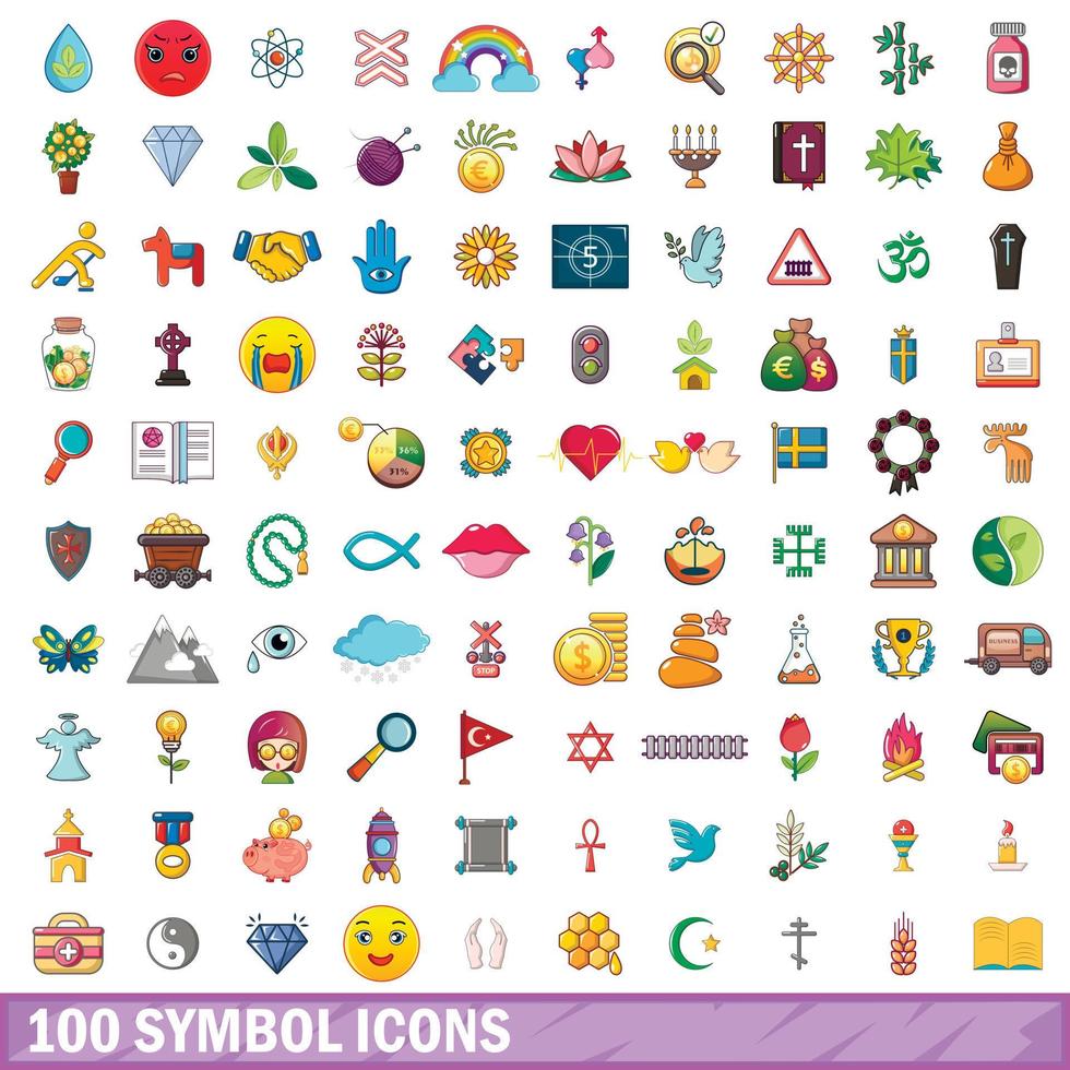 100 icone di simboli impostate, stile cartone animato vettore