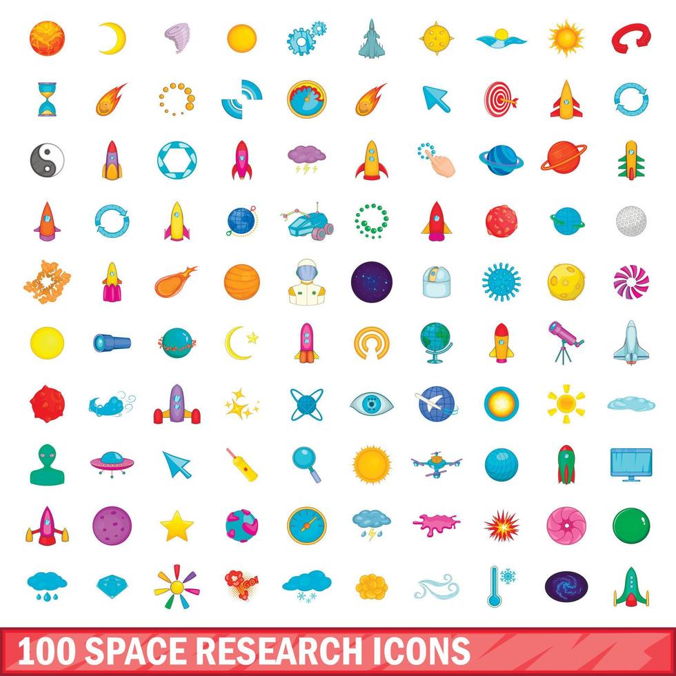 100 icone di ricerca spaziale impostate, stile cartone animato vettore