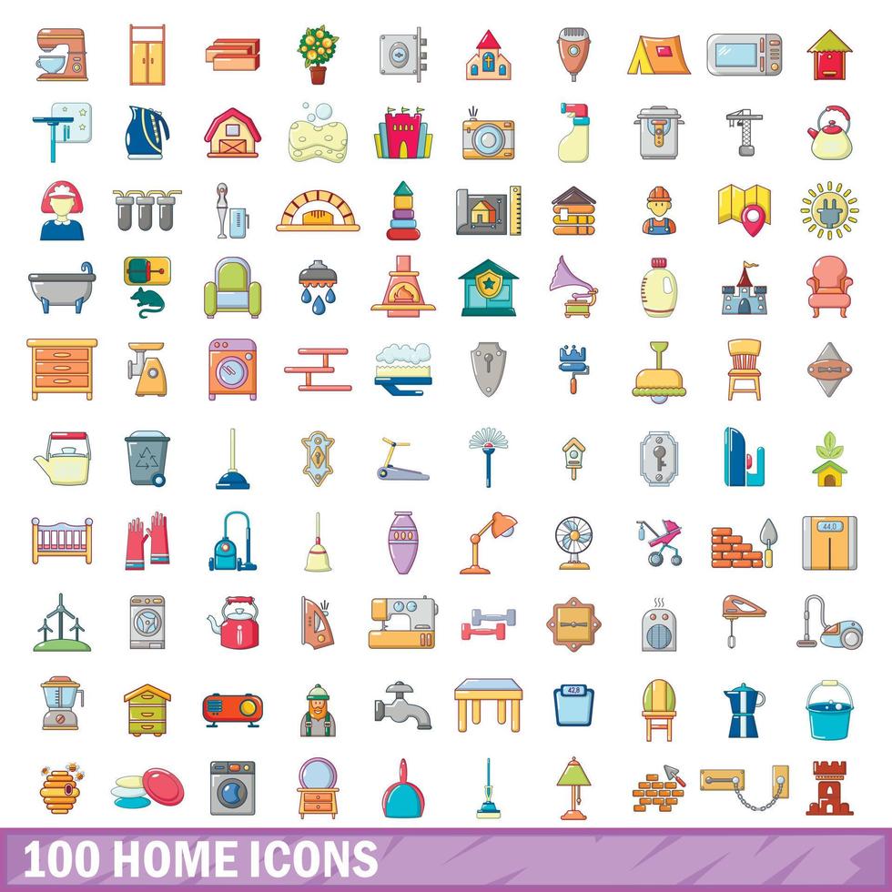 100 icone domestiche impostate, stile cartone animato vettore