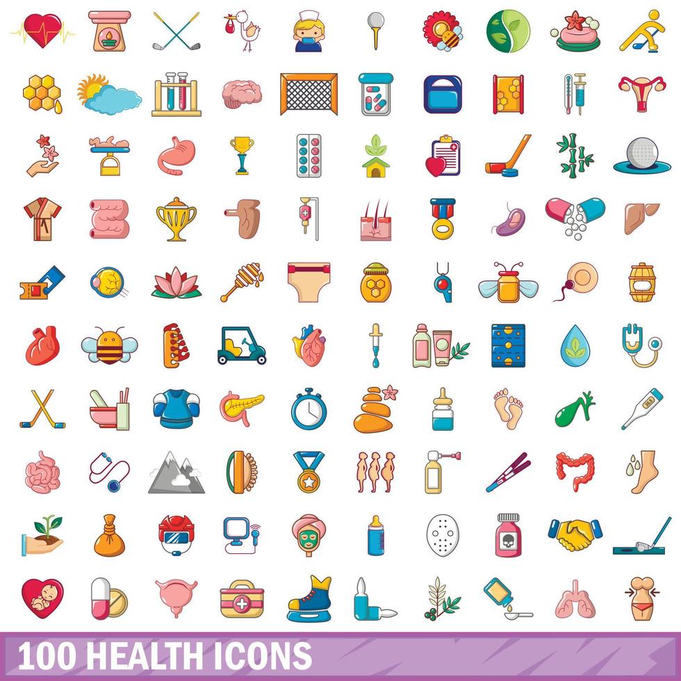100 icone di salute impostate, stile cartone animato vettore