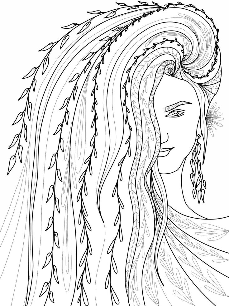 fata magica della foresta, principessa elfica con i capelli lunghi in fogliame e fiori libro da colorare vettore