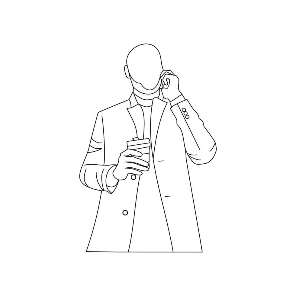 uomo con un telefono e in mano una tazza di caffè, stile line art, design grafico per illustrazione, poster e social media. vettore