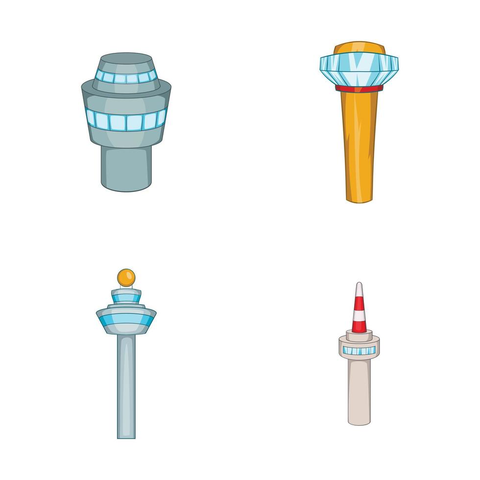 set di icone della torre dell'aeroporto, stile cartone animato vettore