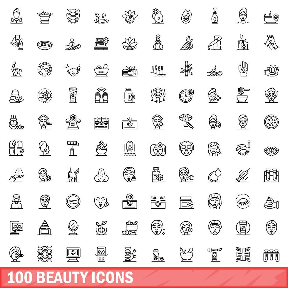 100 icone di bellezza impostate, stile contorno vettore