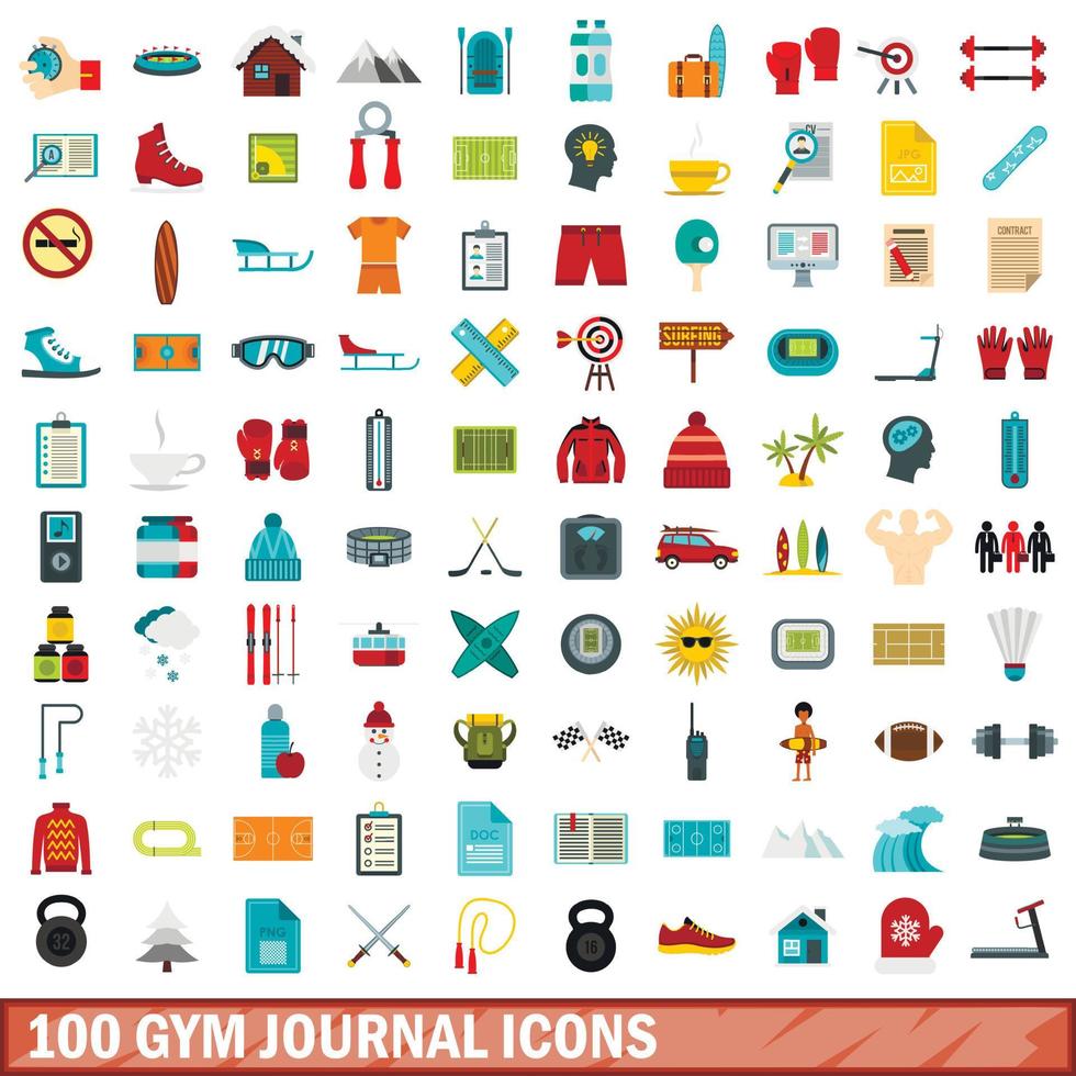 100 icone di diario palestra impostate, stile piatto vettore
