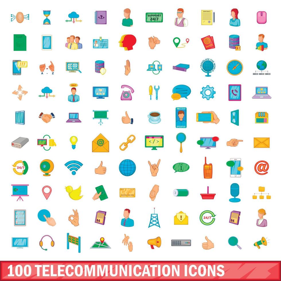 100 icone di telecomunicazione impostate, stile cartone animato vettore