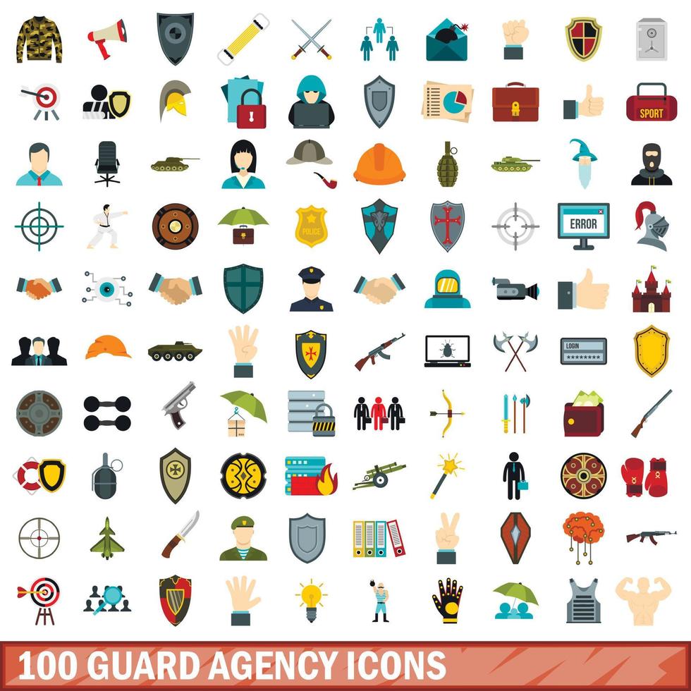 100 set di icone di agenzia di guardia, stile piatto vettore