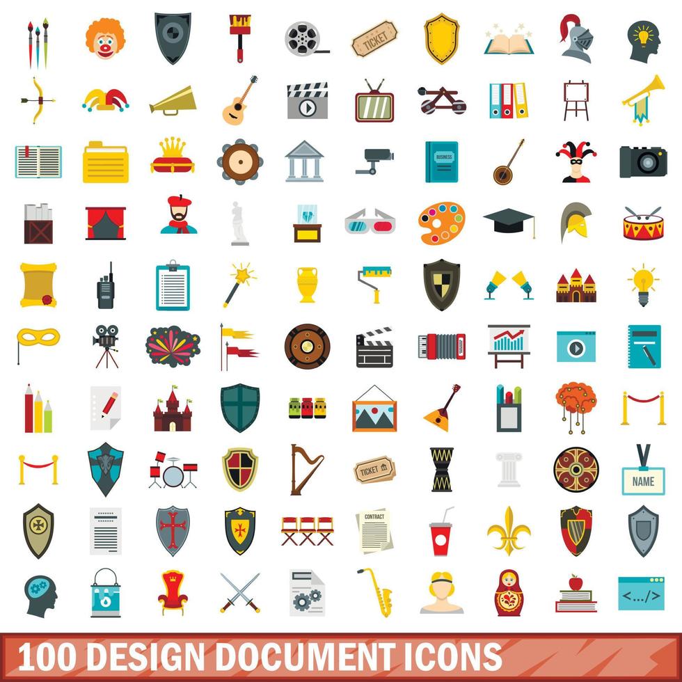 100 icone del documento di progettazione impostate, stile piatto vettore