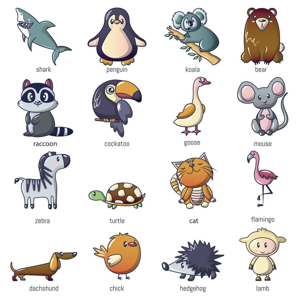 animali set di icone, stile cartone animato vettore