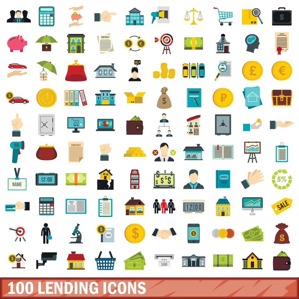 100 icone di prestito impostate, stile piatto vettore