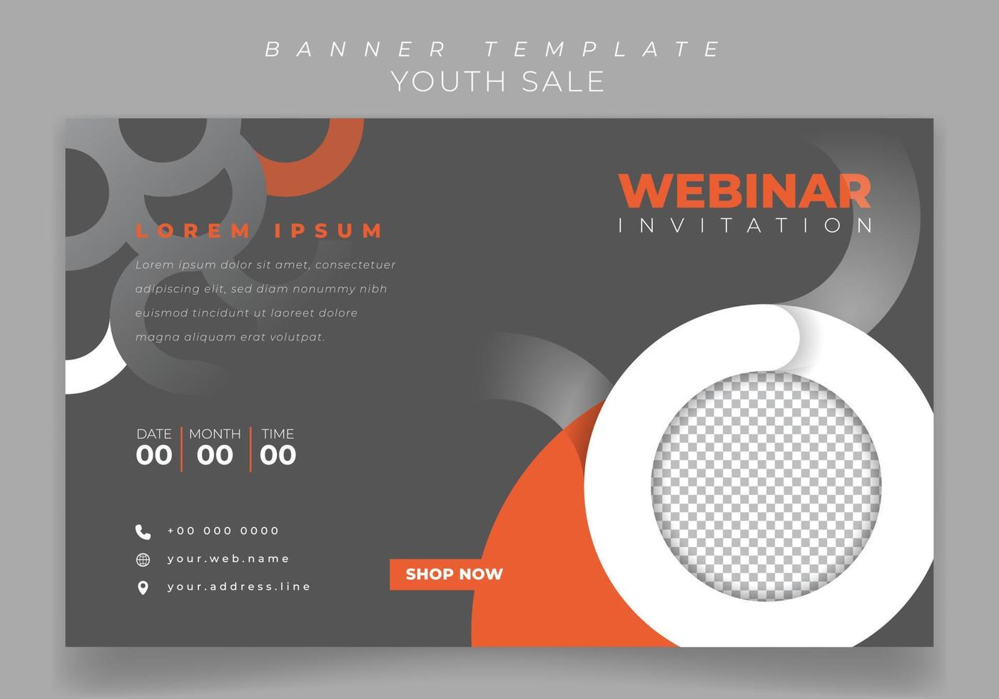 modello di banner con sfondo grigio e design circolare per la progettazione di inviti online vettore