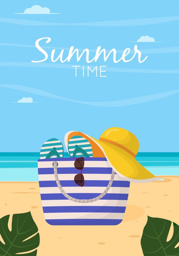 borsa estiva da donna colorata con accessori da spiaggia. elementi di design estivi. illustrazione vettoriale piatta per poster, banner, volantini