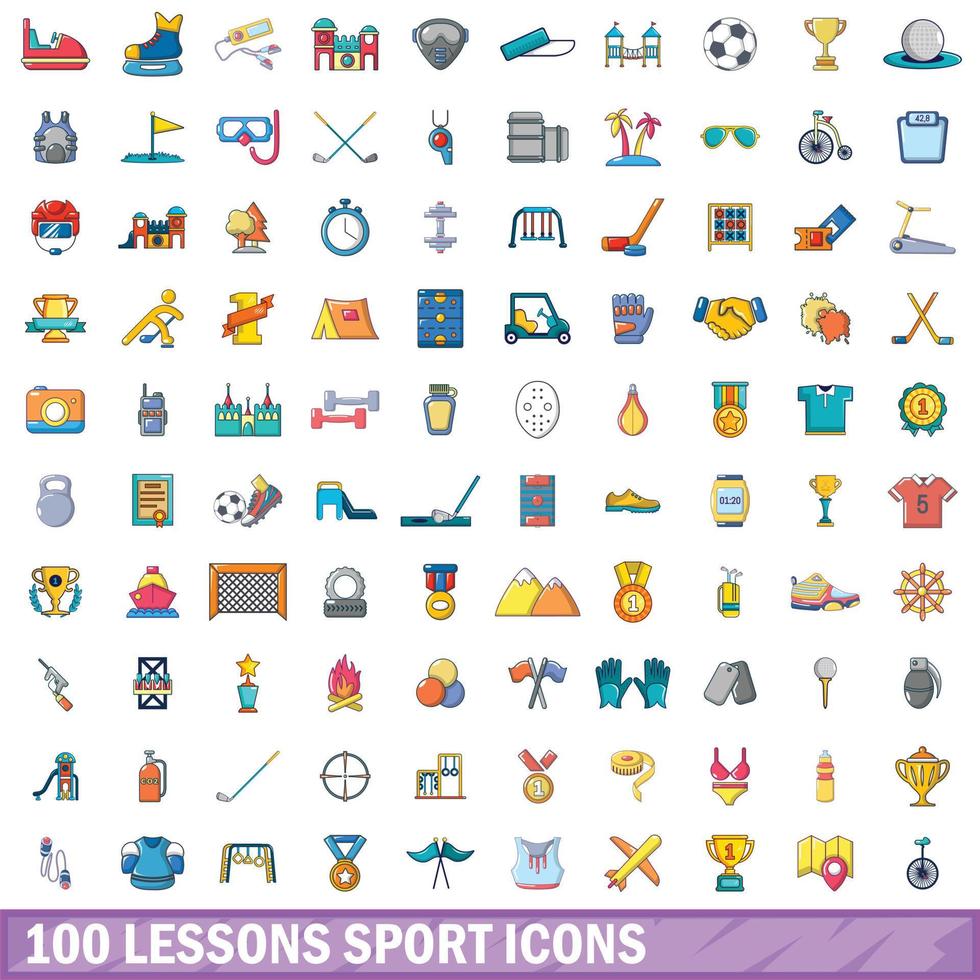 100 lezioni di sport set di icone, stile cartone animato vettore
