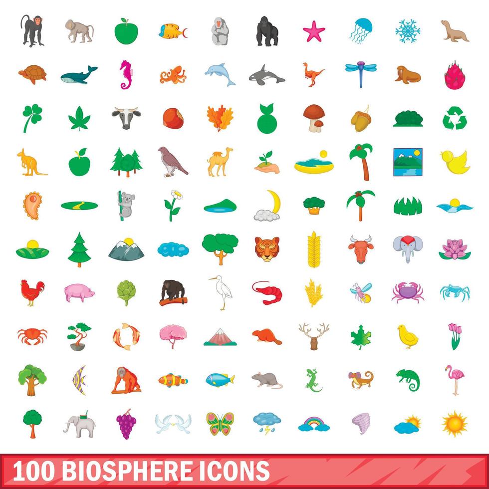 100 icone della biosfera impostate, stile cartone animato vettore