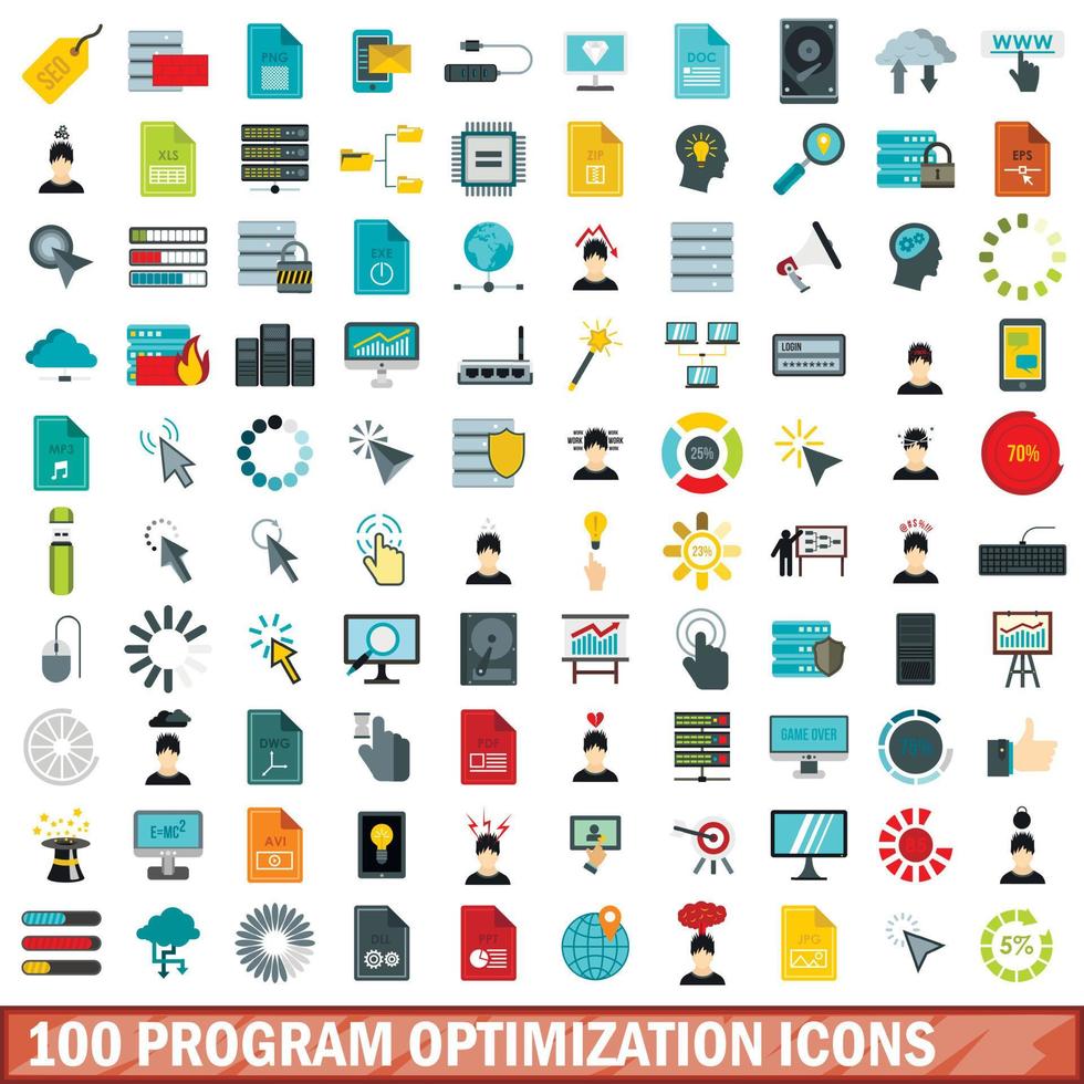 100 icone di ottimizzazione del programma impostate, stile piatto vettore