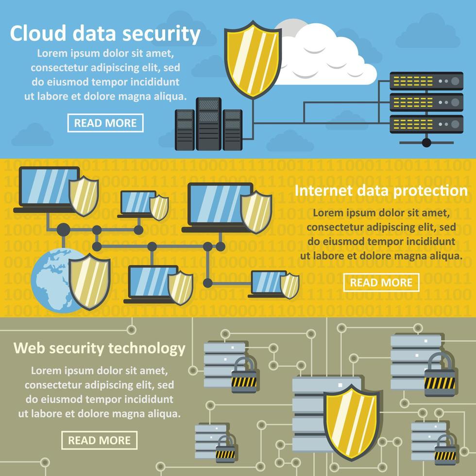 set orizzontale banner dati cloud, stile piatto vettore