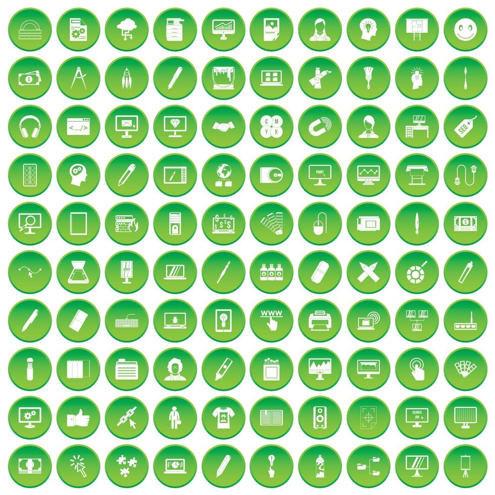 100 icone meteo impostano un cerchio verde vettore