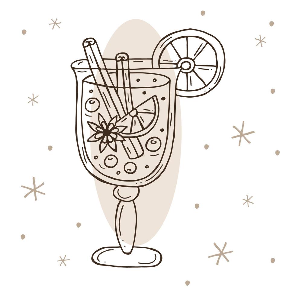 vin brulé con cannella, arancia e anice stellato con fiocchi di neve su fondo bianco e marrone. illustrazione vettoriale in stile doodle. umore invernale. ciao 2023. buon natale e felice anno nuovo.