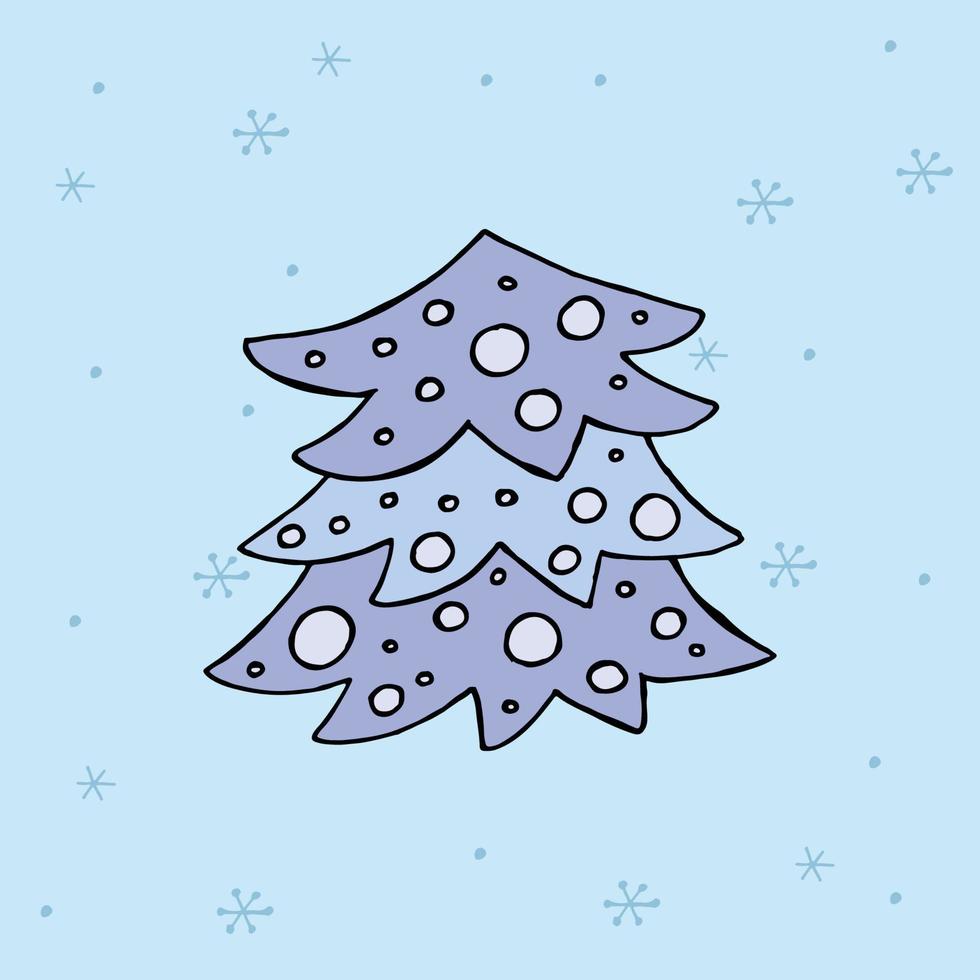 un albero di natale disegnato a mano. illustrazione vettoriale colorata in stile doodle. umore invernale. ciao 2023. buon natale e felice anno nuovo. albero blu con giocattoli su uno sfondo con fiocchi di neve.