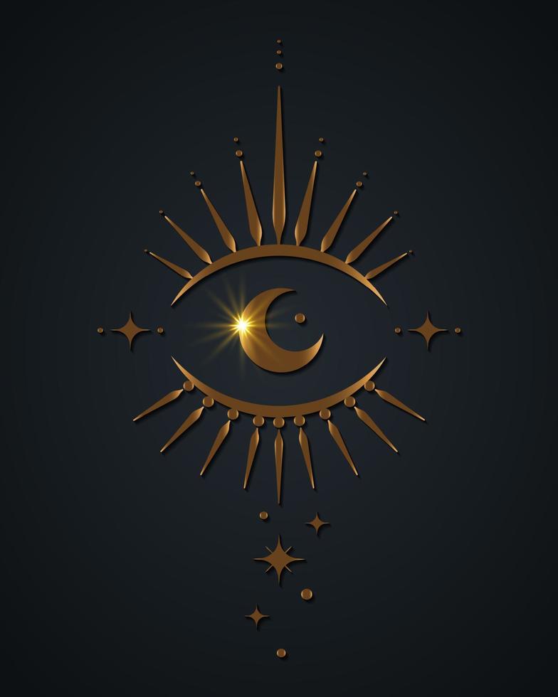 occhio sacro d'oro, luna crescente magica in stile boho, vettore di lusso dorato isolato su sfondo nero. icona del logo bohémien, elemento di alchimia di design geometrico