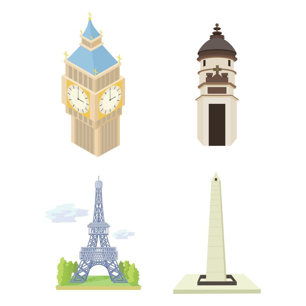 set di icone della torre storica, stile cartone animato vettore