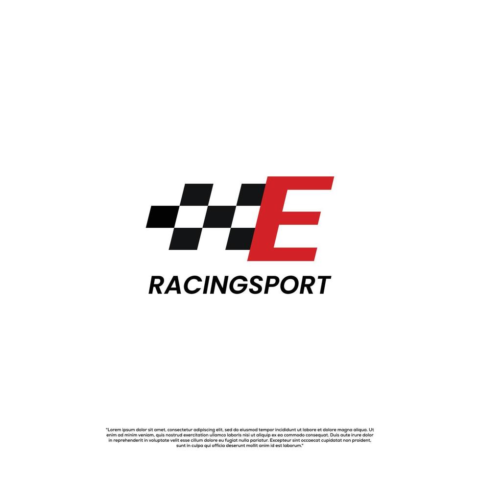 lettera e con design del logo del modello dell'icona della bandiera da corsa vettore