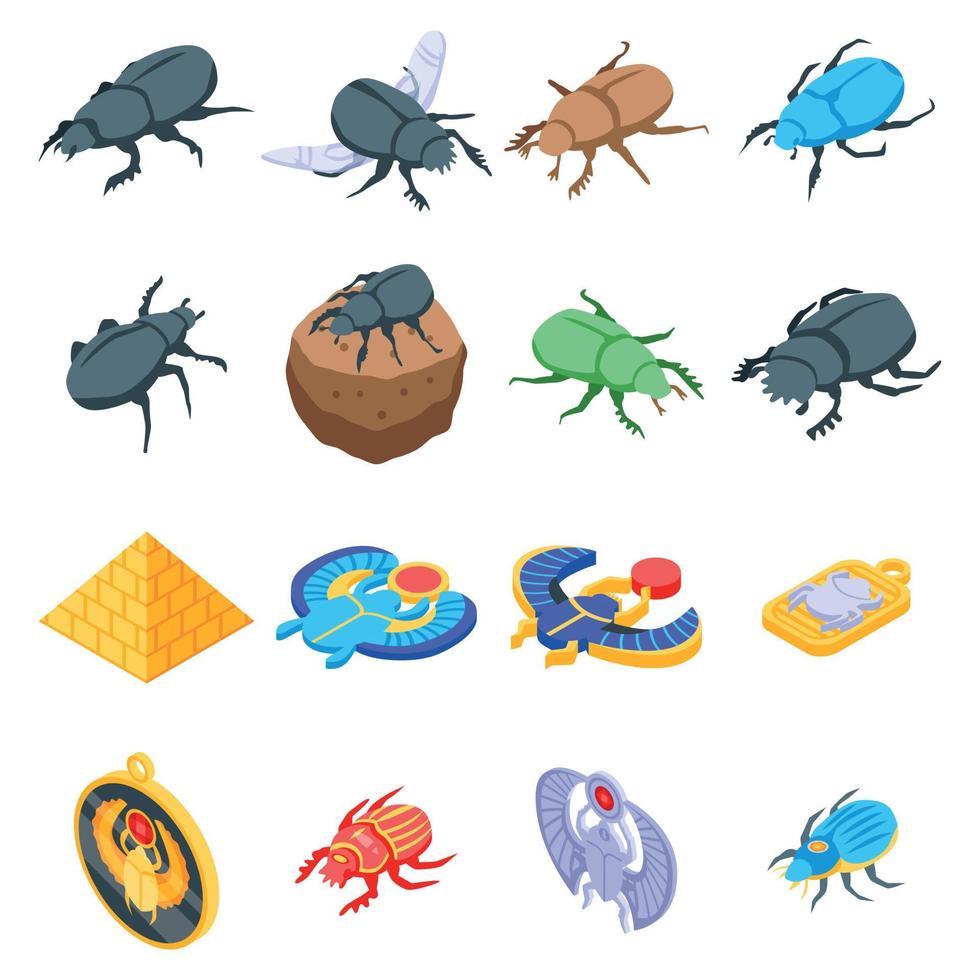 scarabeo set di icone, stile isometrico vettore