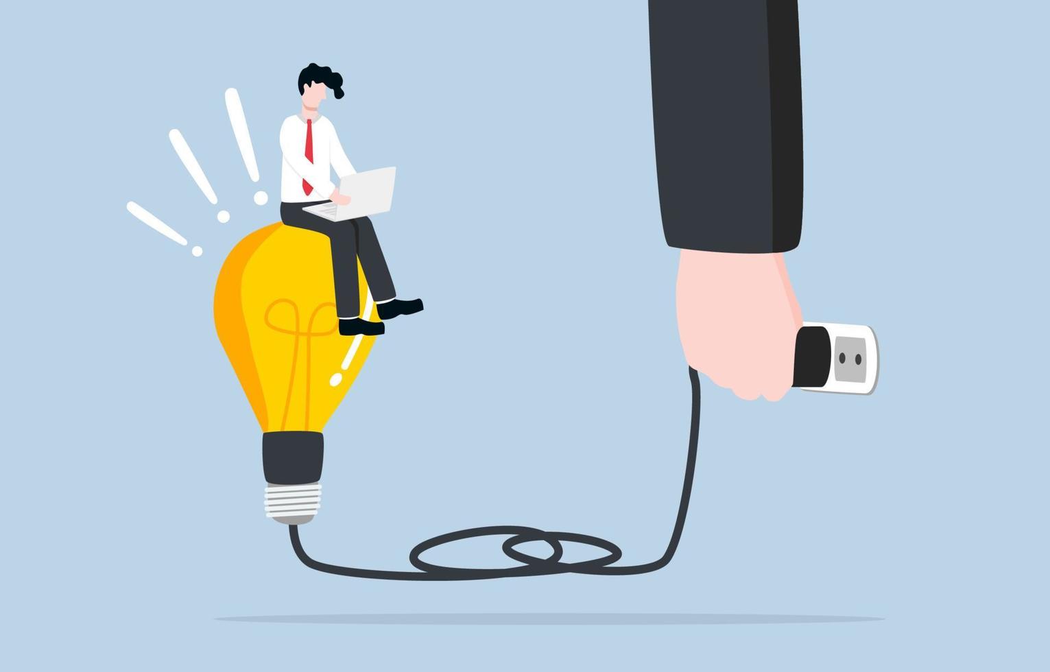 idea scintillante per il lavoro, tutoraggio per ridurre il burnout sul posto di lavoro, motivazione e concetto di ispirazione. la mano del manager collega la lampadina dell'idea affinché il dipendente continui a lavorare. vettore