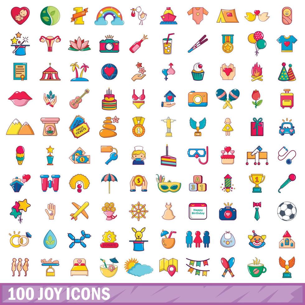 100 icone di gioia impostate, stile cartone animato vettore
