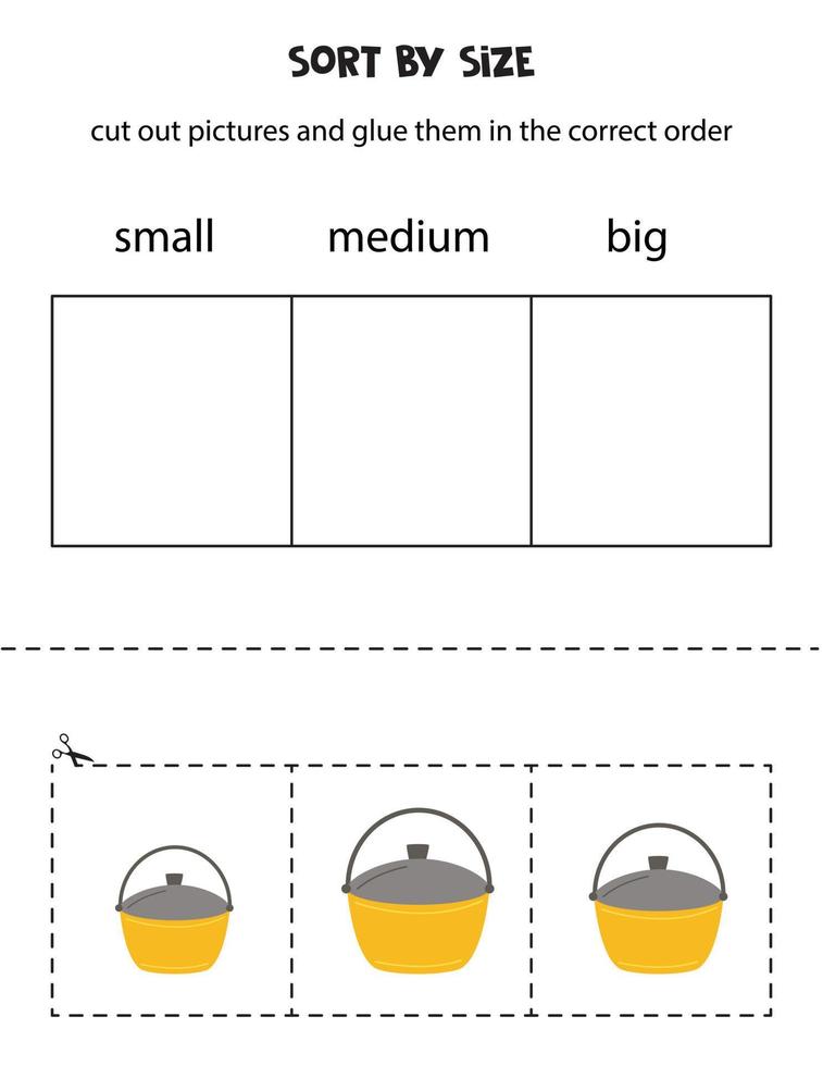 ordina i calderoni per dimensione. foglio di lavoro educativo per bambini. vettore