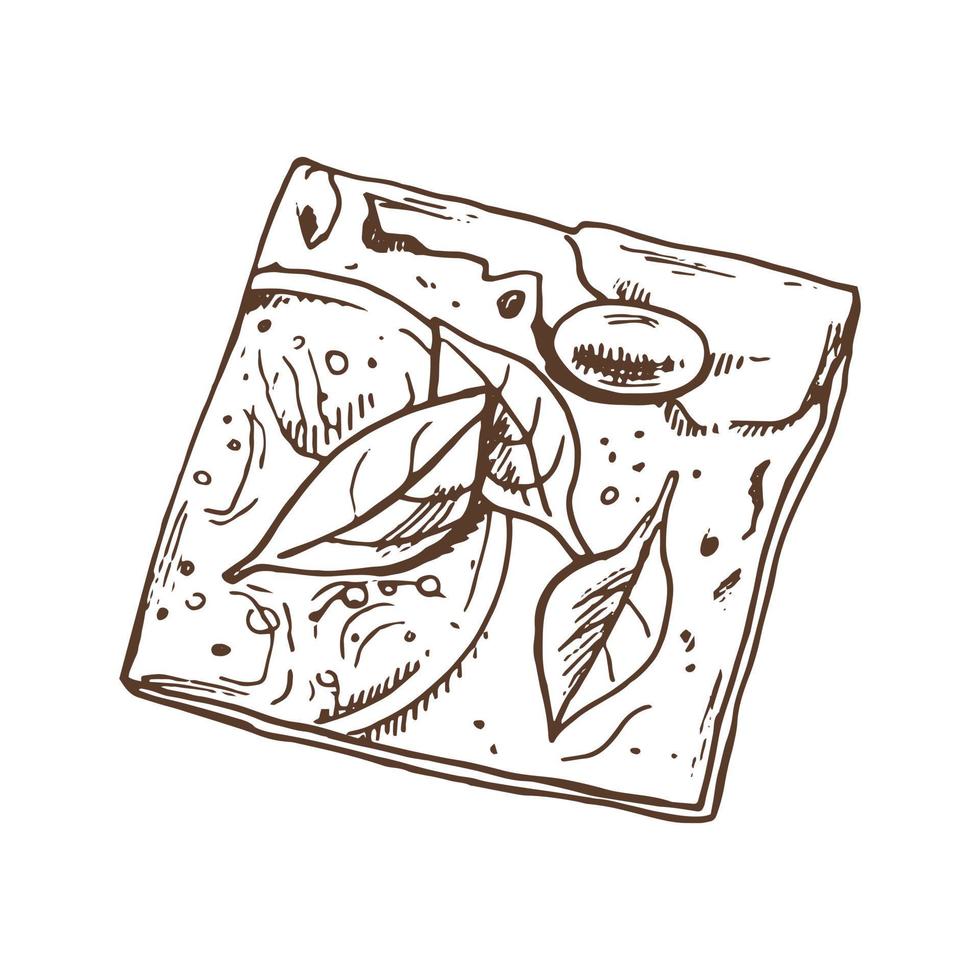 illustrazione disegnata a mano di vettore di pane croccante con pomodoro, erbe aromatiche, olive e formaggio. disegno pasticceria marrone e bianco isolato su sfondo bianco. icona di schizzo ed elemento da forno per la stampa.