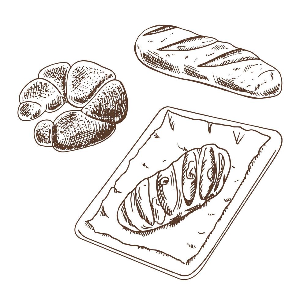 set da forno in stile schizzo disegnato a mano vintage. pane, dolci di pasticceria e bagel su sfondo bianco. illustrazione vettoriale. icone ed elementi per stampa, web, mobile e infografica. vettore