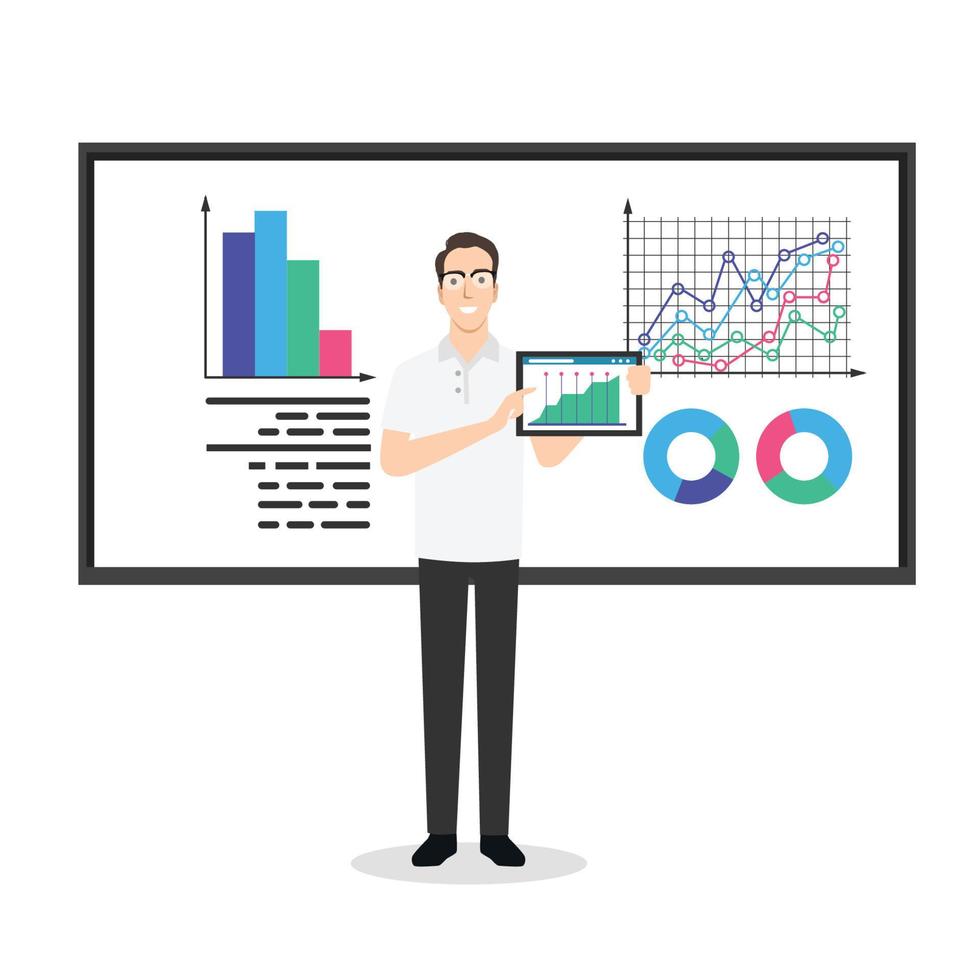 lezione di trading online vendi o acquista grafico di analisi. l'uomo in tuta mostra il grafico di crescita delle azioni, vale la pena acquistarli o venderli vettore