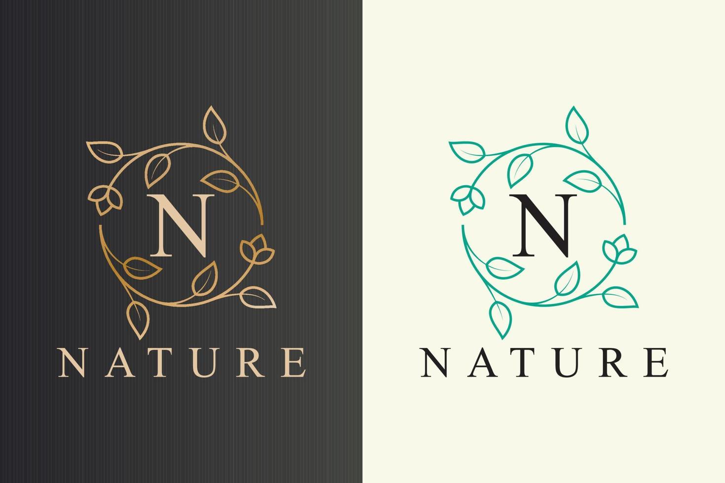 elegante disegno del logo della natura in stile artistico con linea di fiori e foglie con lettera iniziale vettore